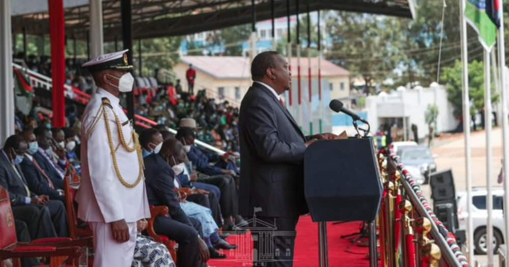 President Uhuru Kenyatta addressing Kenyans during the 2020 Mashujaa Day celebrations. Photo: State House