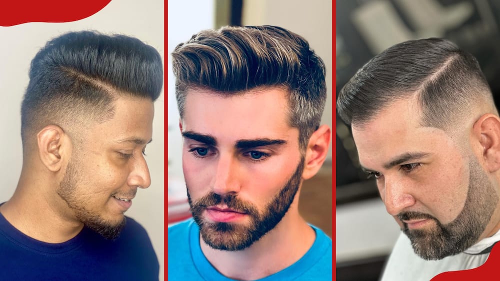 Three models showcase men's haircuts for square faces