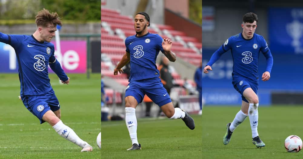 Chelsea academy graduates Valentino Livramento, Lewis Bate, and Myles Peart-Harris. Photos by Mike Hewitt and Clive Howes.