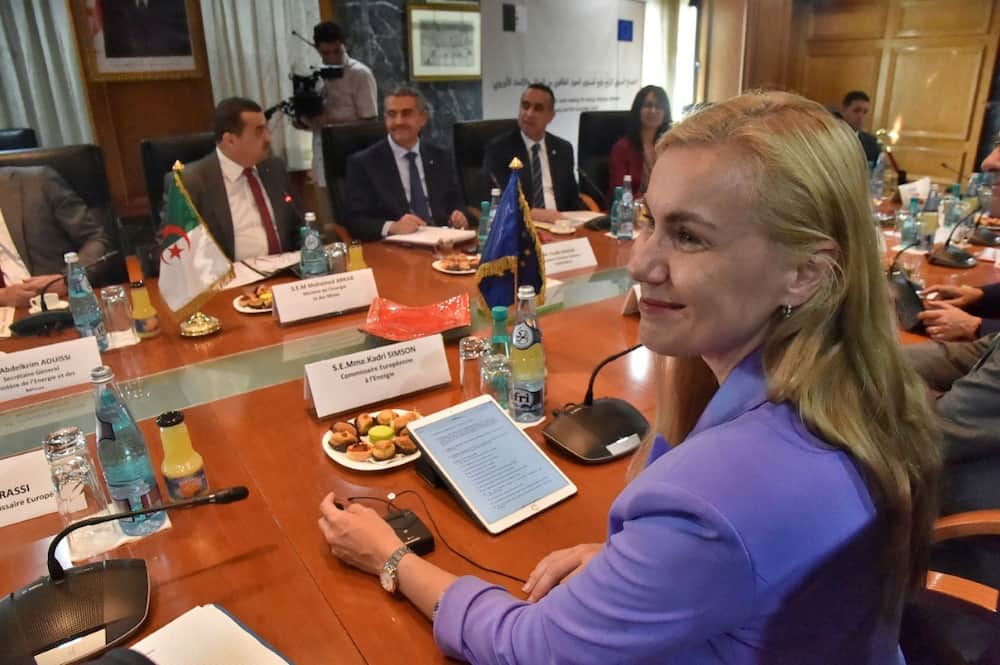 European Union's energy commissioner Kadri Simson (R) and members of her delegation attend a meeting with Algeria's Minister of Energy and Mines Mohamed Arkab