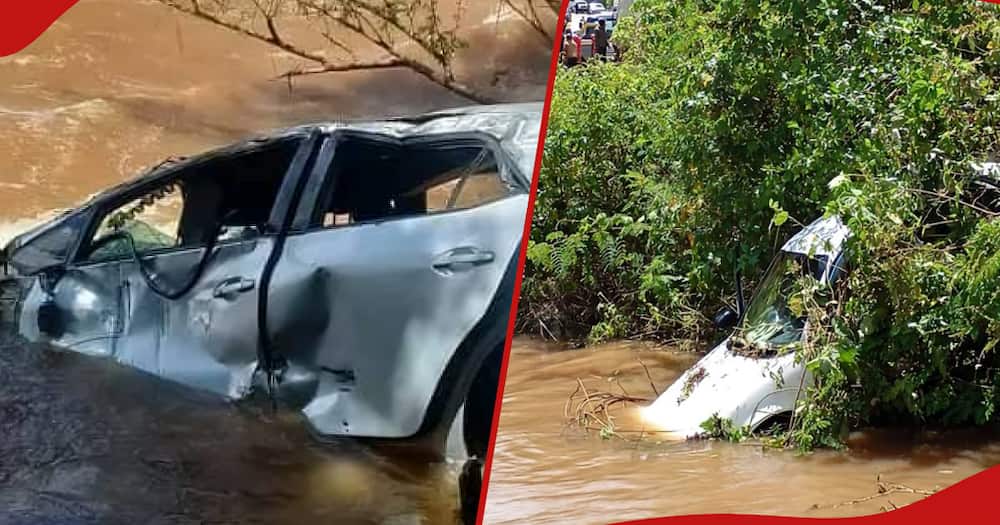 Two people died after their car plunged into a flooded river.