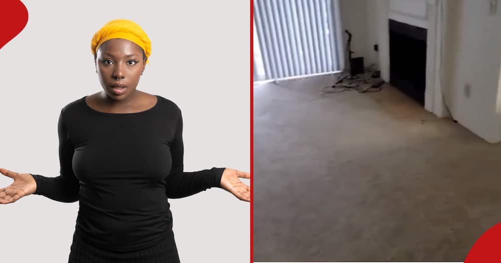 The left frame shows frame a lady who is surprised and the right frame shows a screen grab from a video of a lady returning home to an empty house.