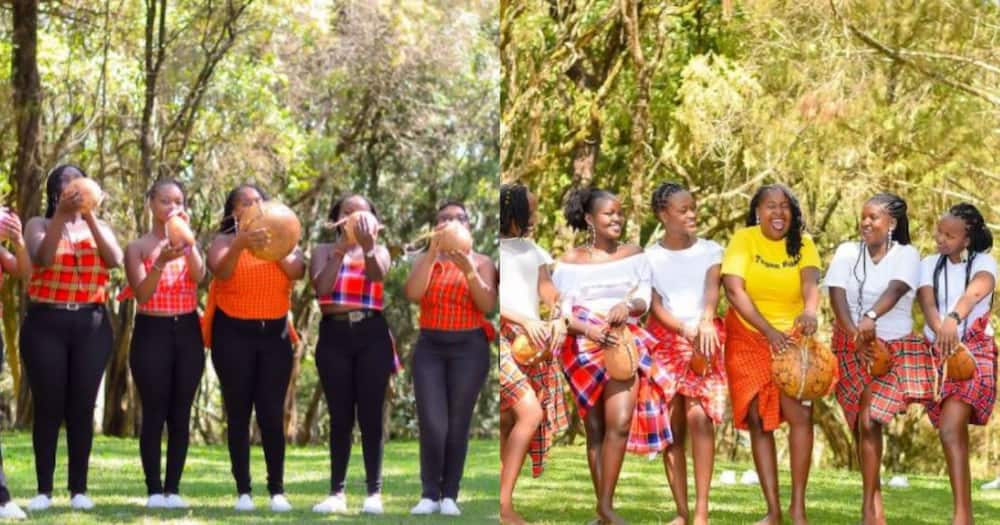 Joy Kiprono and her bridesmaids carrying gourds.