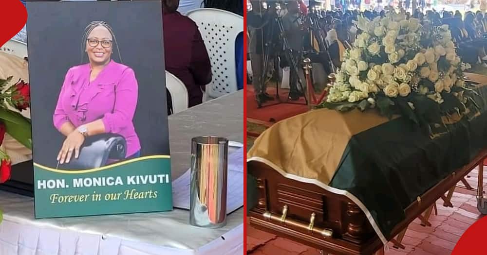 Photo of Monica Kivuti at her burial (l). The slain magistrate's coffin (r).