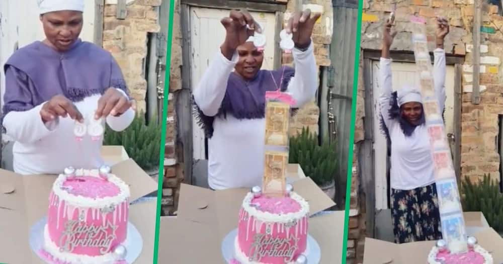 A woman received a money cake from her son for her birthday