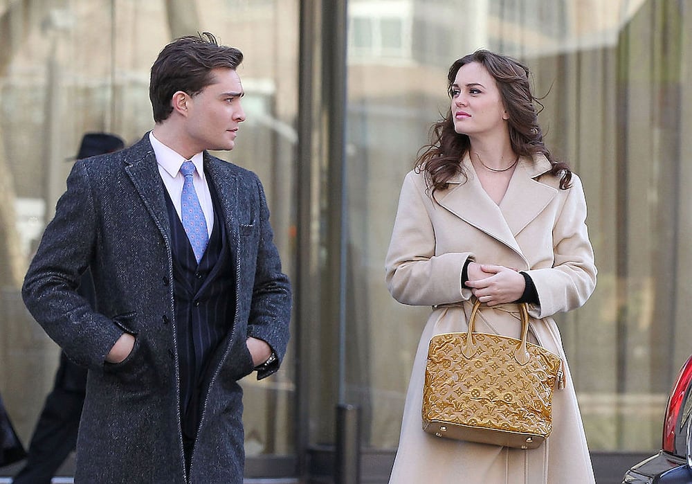 Leighton Meester and Ed Westwick are seen on the movie set of 'Gossip Girl' in New York City.