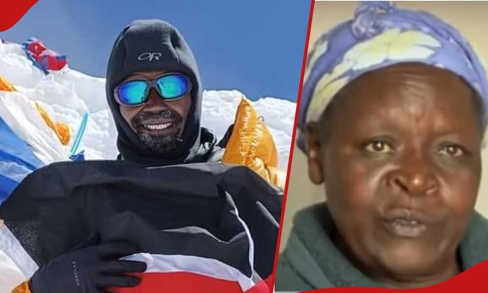 Cheruiyot Kirui, holding a Kenyan flag during his mountaineering escapades, and his mother narrating her son's story.