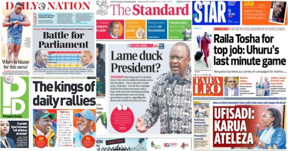 Magazeti ya Ijumaa, Julai 15: Uhuru Kufanya Mkutano Mkubwa Kuhakikisha Raila Anapanda Mlima Kenya