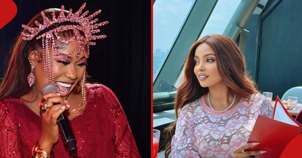 Vera Sidika during a Showmax event (left). Anerlisa Muigai enjoying the view at a restaurant (right).