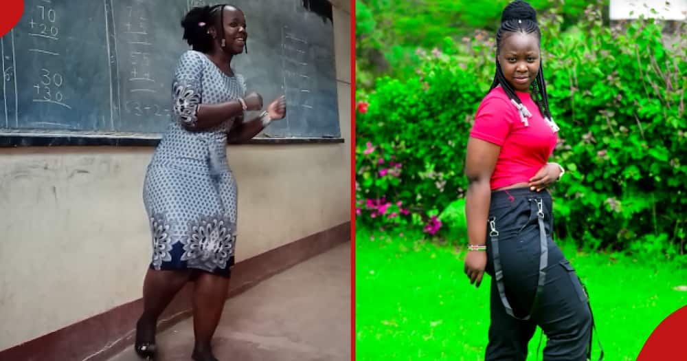 Teacher Joy Muriithi showing off her dancing styles (l). Muriithi at an outdoor photo shoot session (r).