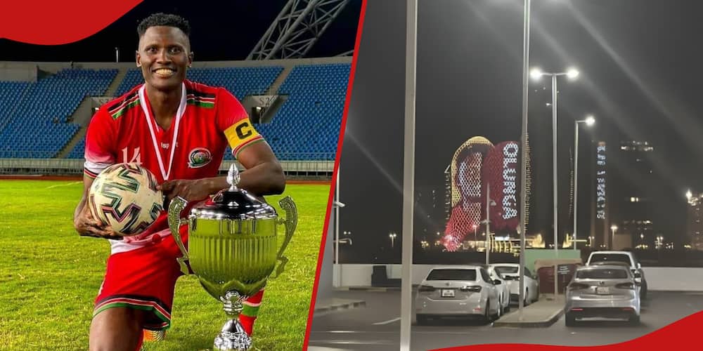 Collage of Olunga posing with a trophy, and a photo of the billboard with his name on the streets.