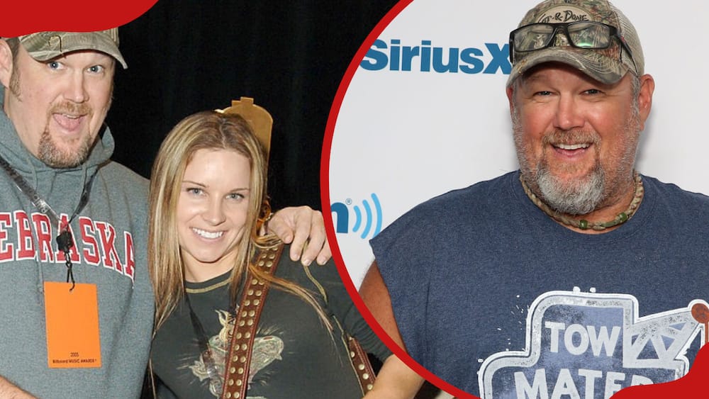 A collage of Larry the Cable Guy with his wife Cara during The Flavia Fusion Retreat and Larry the Cable Guy at SiriusXM Studios