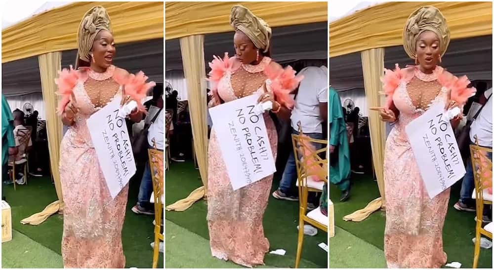 Photos of a lady dancing with her bank account number.