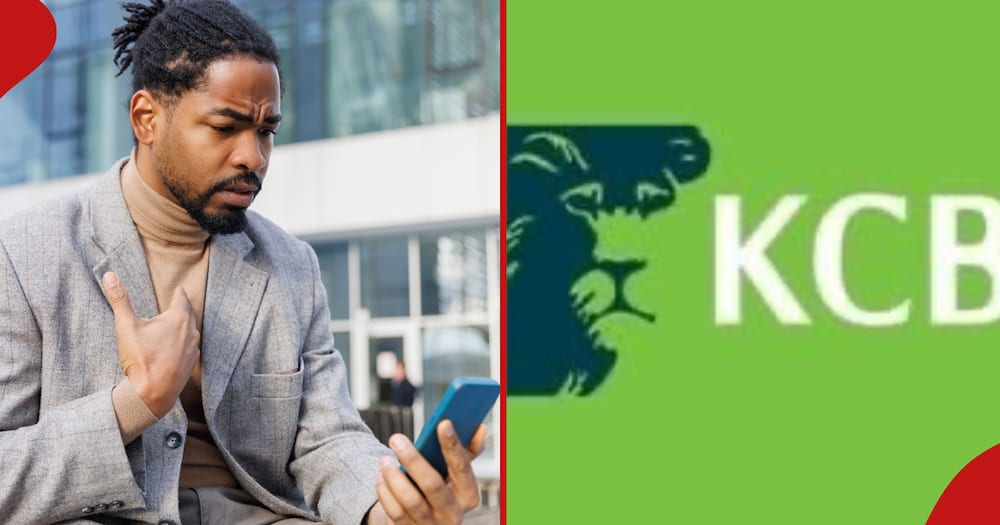 Serious businessman having discussion on video call through smart phone (left). KCB Bank's logo (right.)
