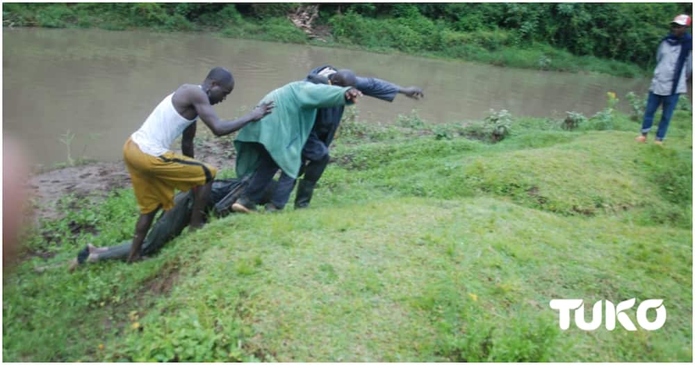 A KWS officer being retrieved from river Isiukhu. Photo: Dennis Avokoywa/TUKO.co.ke.