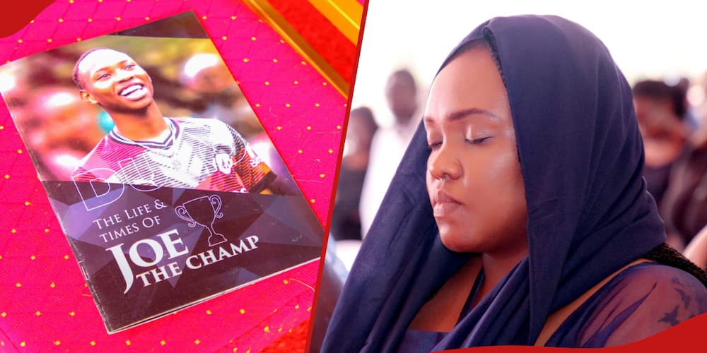Left: Funeral program of KarehB's son Joe Mwadulo.
Right: KarehB lost in thoughts during her son's burial.