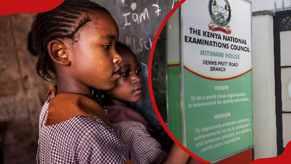 KNEC logo and little girls during their English class