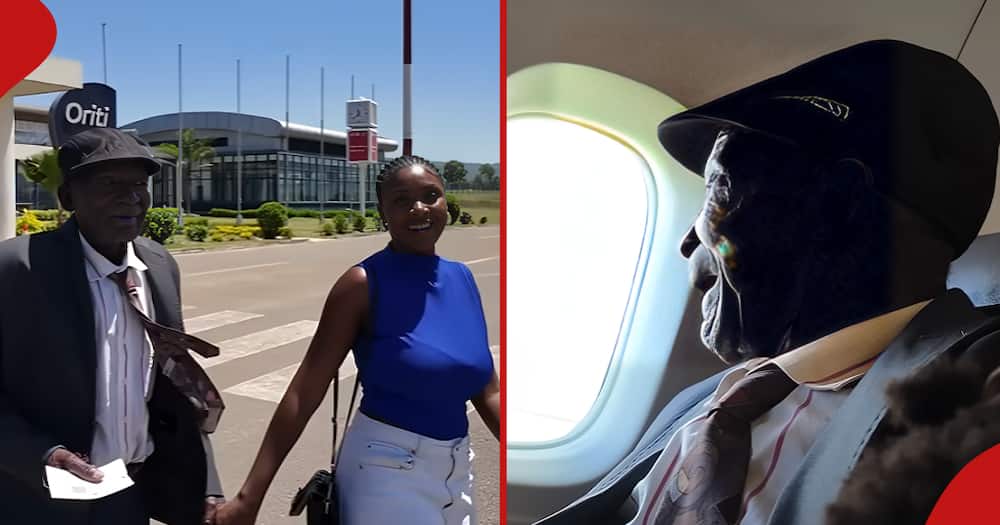 Shorn Arwa (in blue) walking besides her grandfather Jimmy Ogweno at the Kisumu International Airport (l). Ogweno, 94, looks through a plane's window with a smile (r).