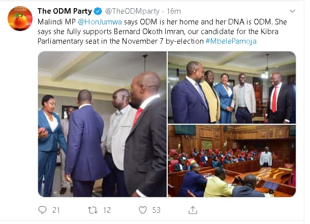 ODM hastily deletes tweet indicating Aisha Jumwa has ditched DP Ruto's camp