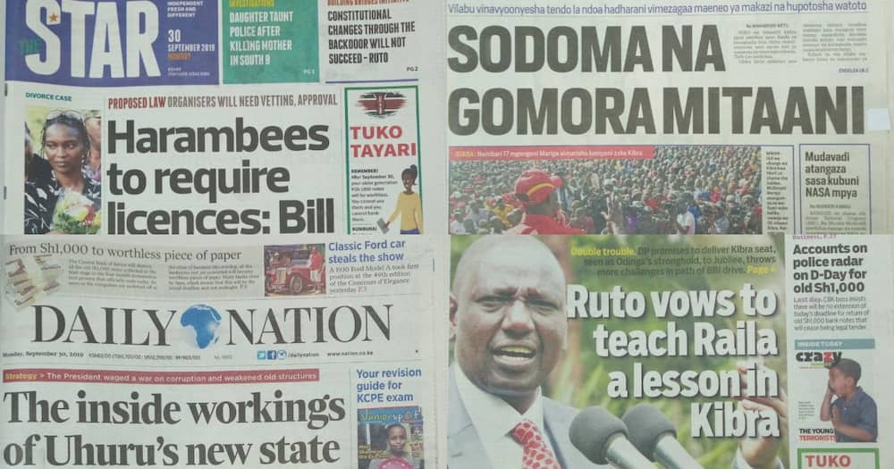 Kenyan newspapers review for September 30: Kenyans to secure licences before holding harambees if new bill is passed to law