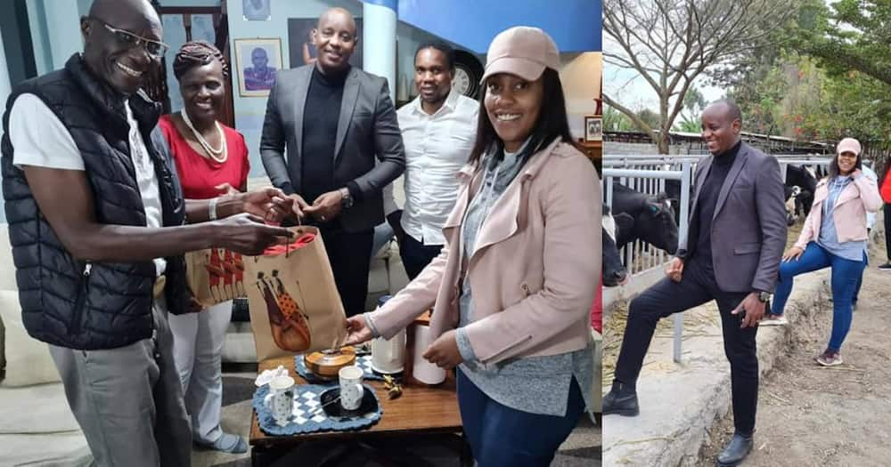 Victoria Rubadiri and Linus Kaikai visit Fred Obachi Machoka at his home bearing gift.