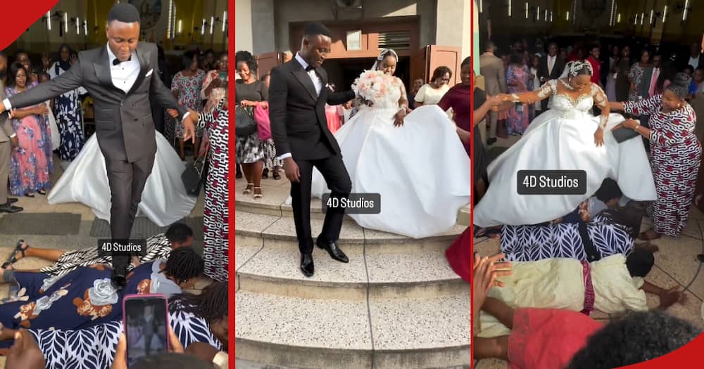 Newly wed Tanzanian couple step on guest's backs.