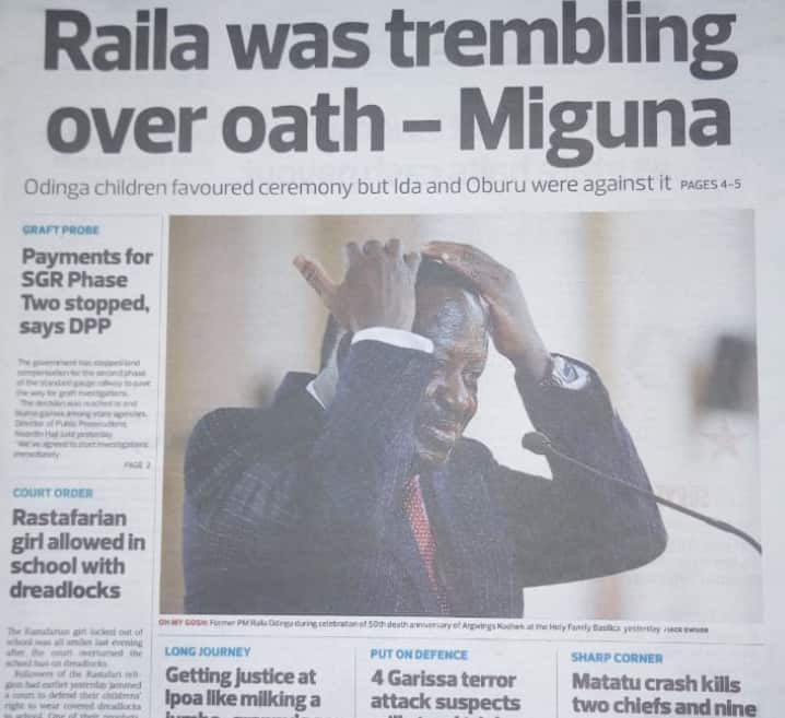 Kenyan newspapers review: Exiled lawyer Miguna exposes how Raila was scared before taking oath