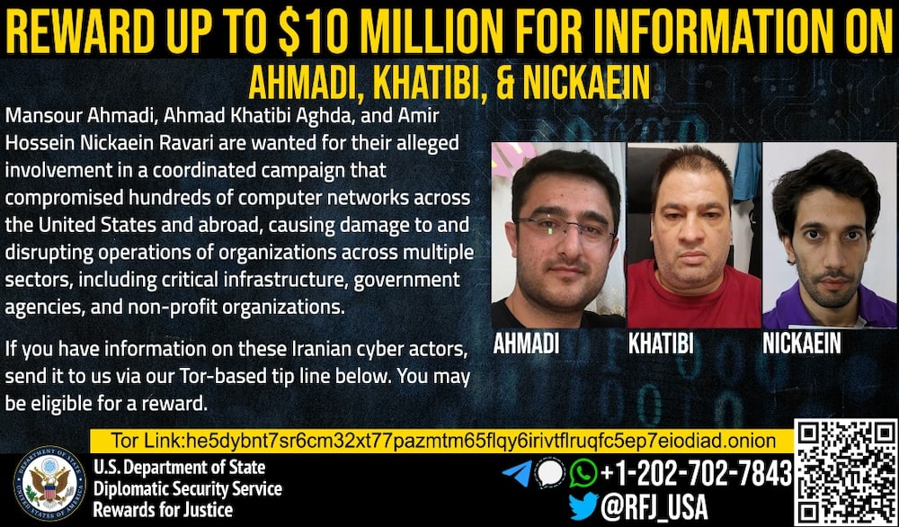 This handout image by the US State Department shows Iranian cyber actors wanted for their alleged involvement in a coordinated campaign to hack and extort hundreds of computer networks and organizations in the United States and abroad