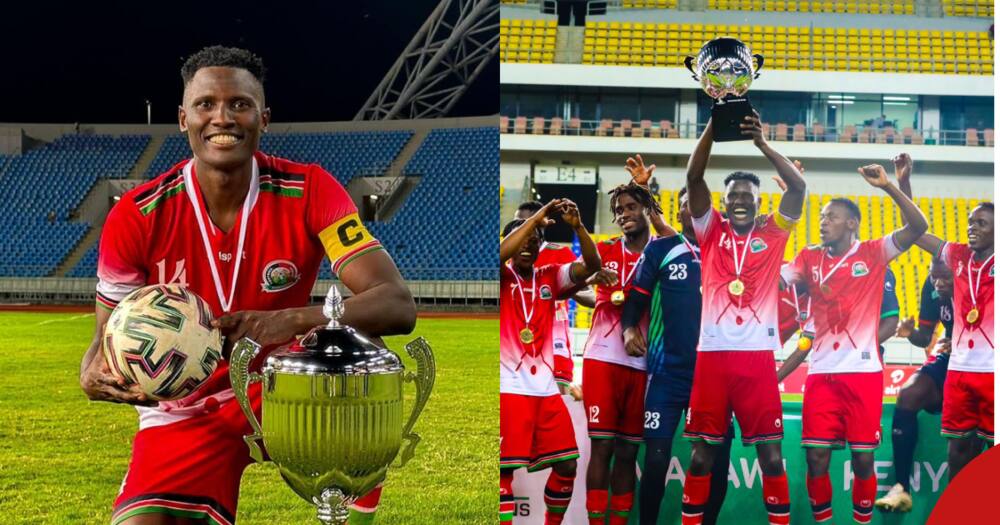 Michael Olunga lifts the trophy as Kenya beats Zimbabwe 3-1.
