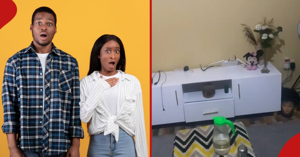 A man and a woman wear shocked expressions in the left frame. The right frame is a screenshot showing an empty TV stand after thieves stole the TV.