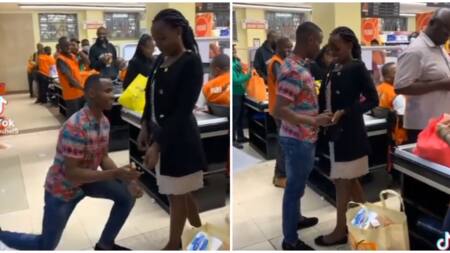Kenyan Man Proposes to Girlfriend Inside Naivas Supermarket, Unbothered Shopper Behind Lady Goes Viral