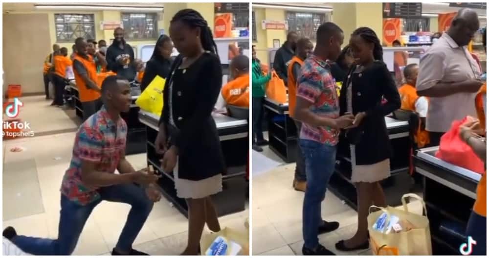 Kenyan man proposes to girlfriend inside Naivas supermarket.