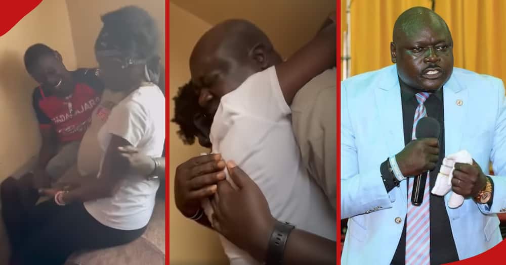 Kenyan pastor Michael Obonyo hugs his daughter (m) as he spends time with her and her brother (l). Obonyo preaching (r).