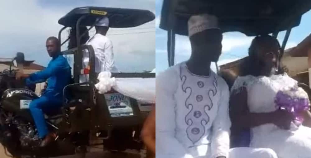 Ghanaian couple ride in TukTuk on their way to get married.