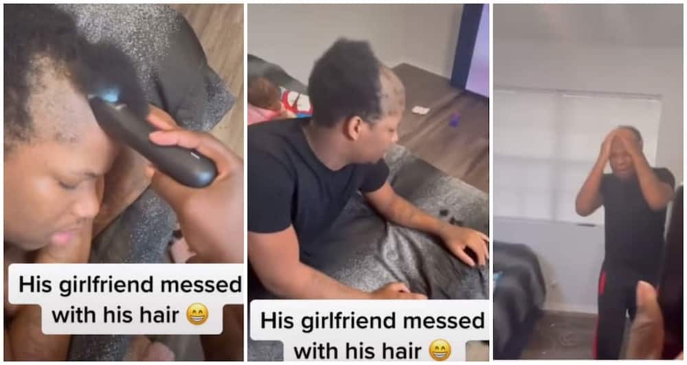 Lady cuts her boyfriend's hair, clipper, lady cuts man's hair while he slept, relationship drama.