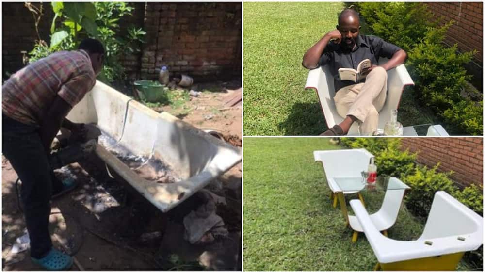 Man makes fine sitting chairs from broken, dirty bathtub, fine photos drop