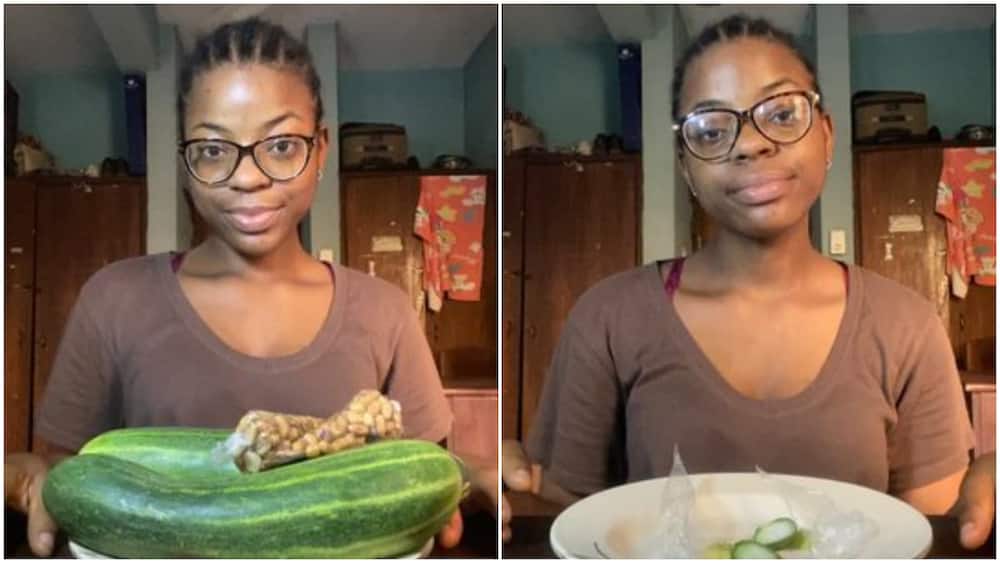 Nigerian lady finishes 2 big cucumbers with packs of groundnuts, her photos generate massive reactions