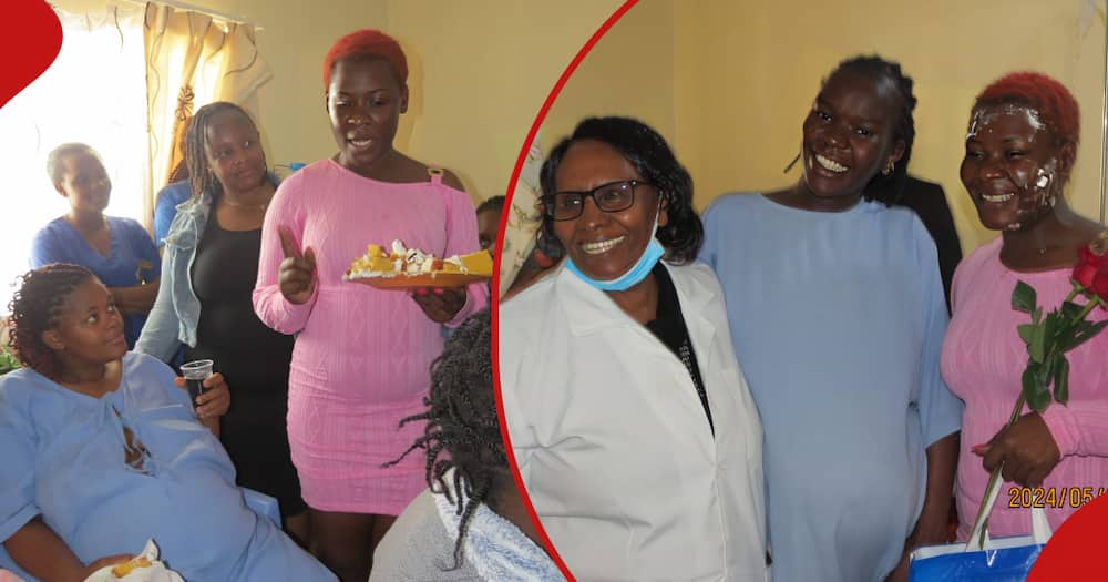 Irene Nanjala shares birthday cake with new mothers at Kasarani Maternity Hospital.