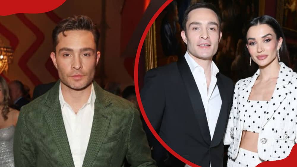 A collage of Ed Westwick at The Ham Yard Hotel and Ed Westwick and Amy Jackson at the EE BAFTA Film Awards