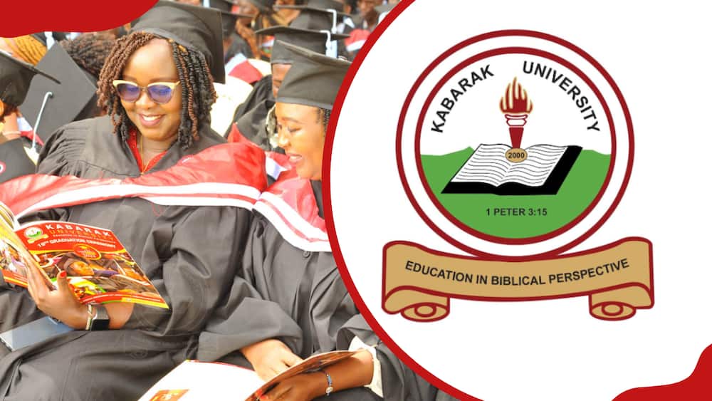 Kabarak University logo and students during graduation