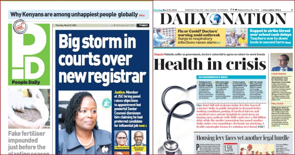 Front headlines of People Daily and Daily Nation newspapers on March 21.