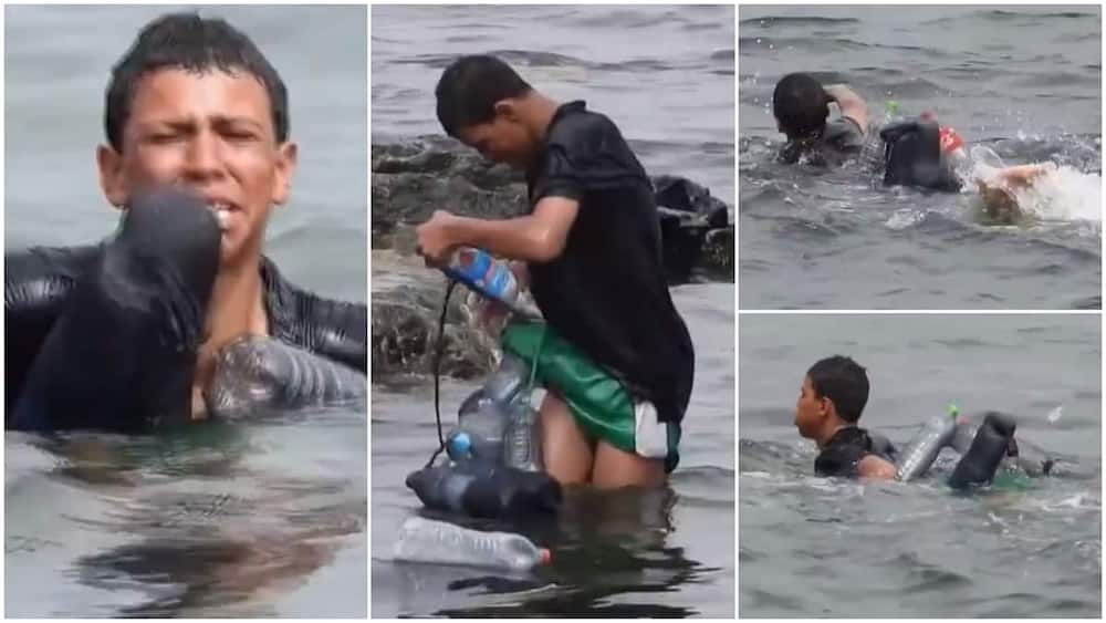 Smart young man saves himself at sea as he swims with plastic bootles