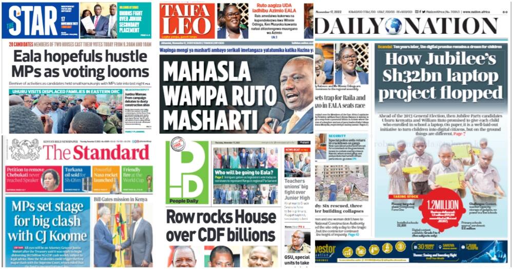 Kenyan newspapers. Photo: Screengrabs from The Standard, Daily Nation, The Star, People Daily and Taifa Leo.