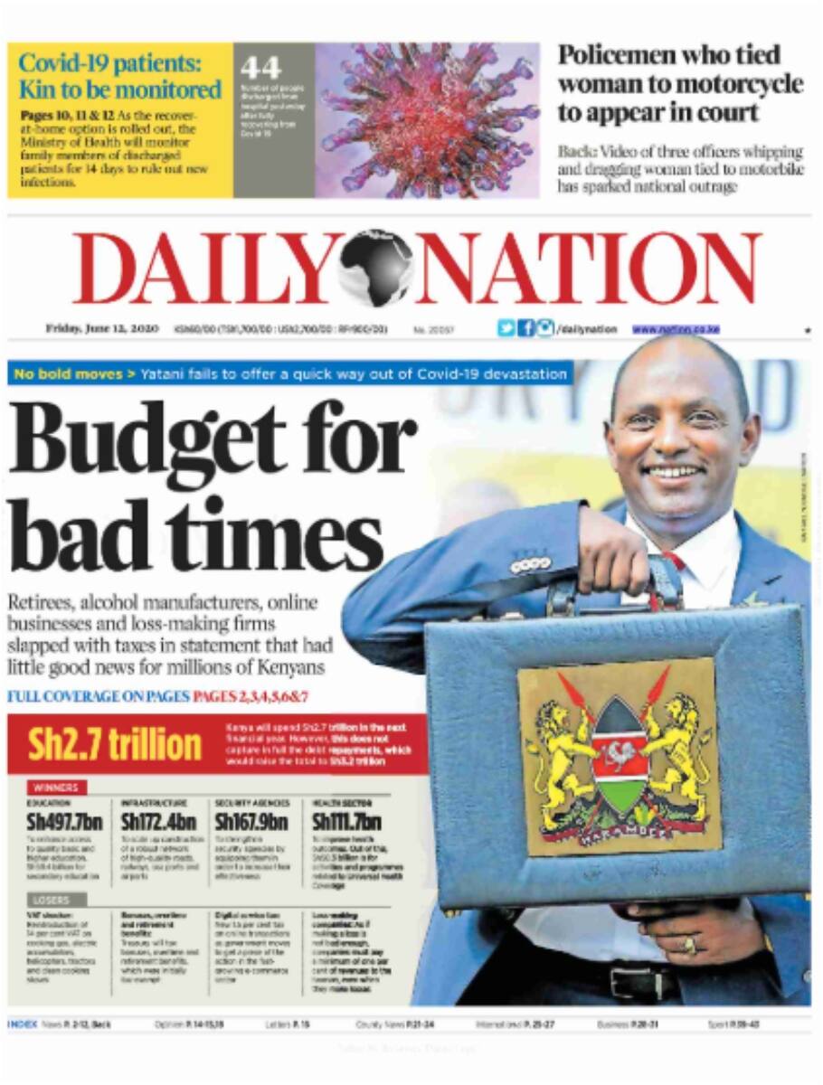 Newspapers June 12: Kenya's 2020/2021 budget, losers and ...