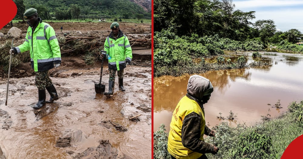Collage of officers at Mai Mahiu flood tragedy (l) and flooded village (r)