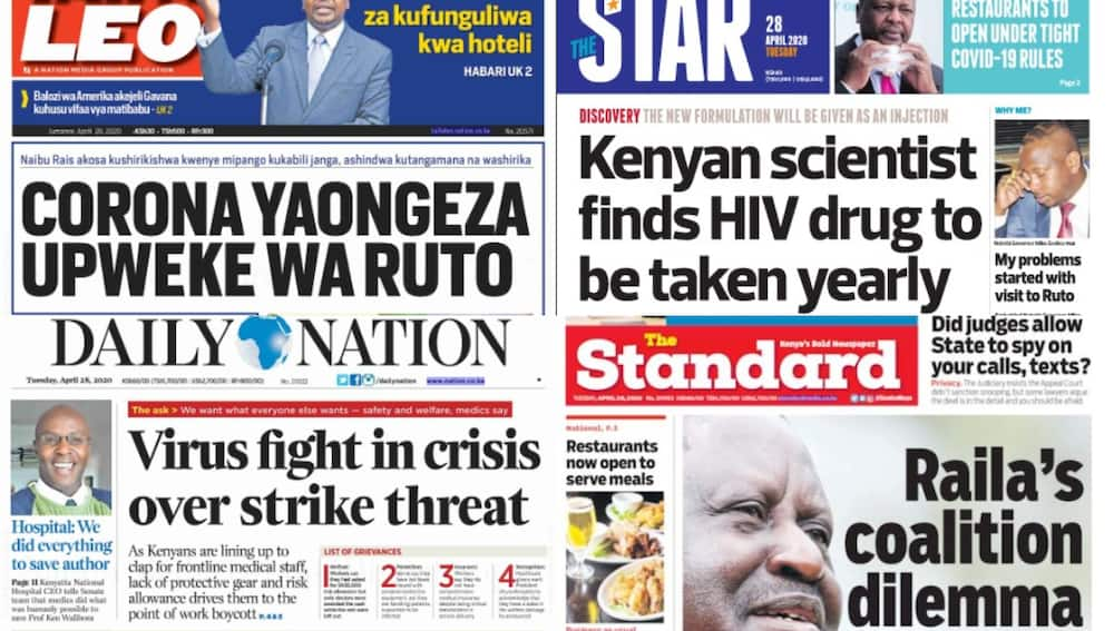 Kenyan newspapers review for April 28: Aden Duale says Uhuru Kenyatta, William Ruto have secret card that will betray Raila Odinga