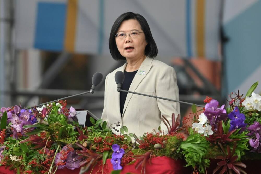 Taiwan's President Tsai Ing-wen speaks at a ceremony to mark the island's National Day in front of the Presidential Office in Taipei on October 10, 2022.