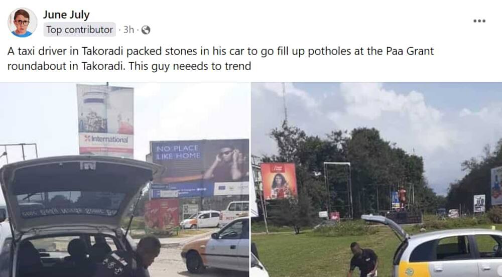 Photos of a taxi driver fixing potholes on Taadi road.