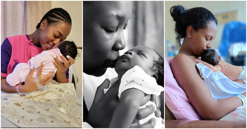 Diana Marua (l), Wahu Kagwi (c) and Grace Ekirapa (r) holding their newborn daughters in 2022.