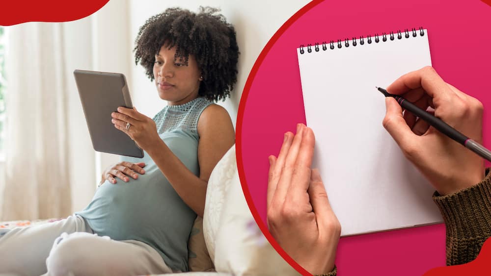 A pregnant mother using a digital tablet in bed (L). A lady writing in a blank notepad on a pink background (R).